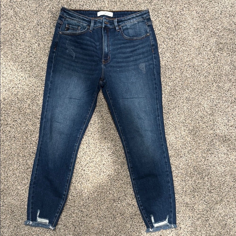 KanCan Blue Ankle Cropped Jeans with Distressed Hem